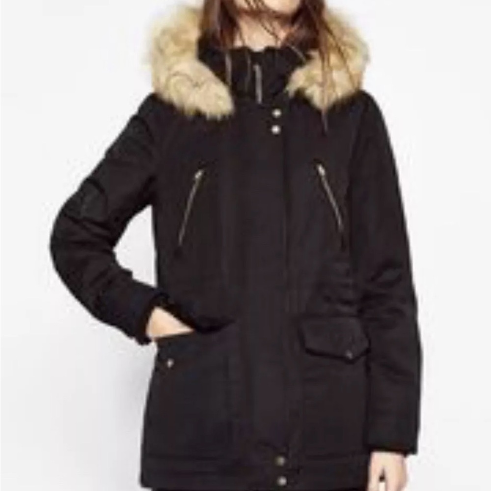 Black Parka with Faux Fur Hood Zara winter coat